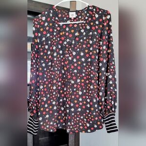 Cabi, Women's Black Floral Blouse with Striped Cuffs, M, Like New.